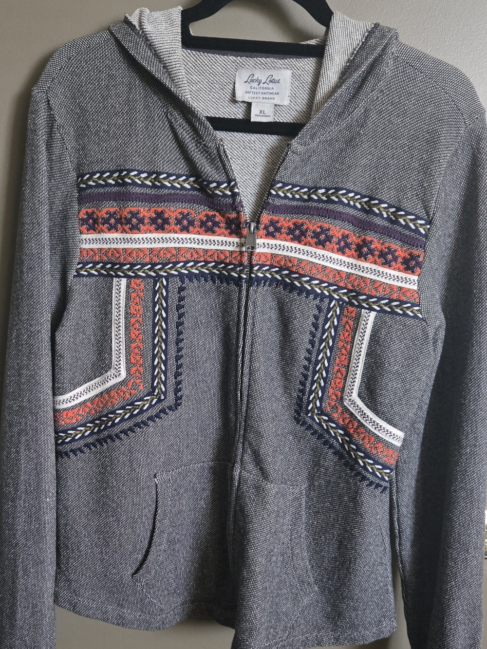 Lucky Brand Lucky Lotus Embroidered Boho Zip Hoodie XL - EUC